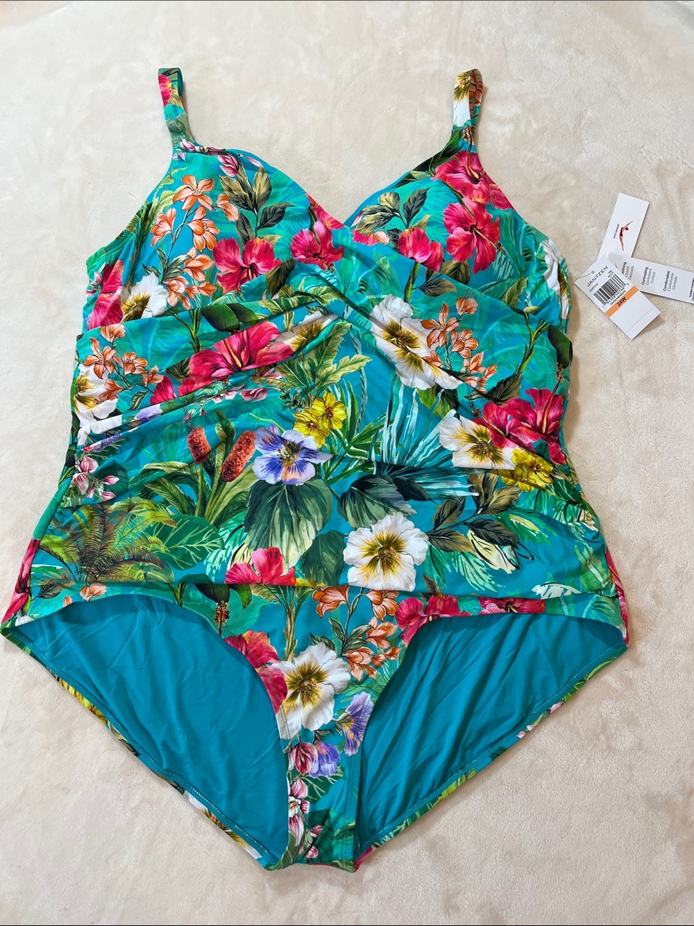 Jantzen Teal Tropical Floral One-Piece Swimsuit with Tummy Control. 24W. NWT